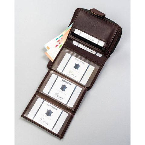 Brązowy portfel damski ze skóry ekologicznej zamykany na zatrzask i suwak - 4U Cavaldi