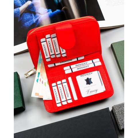 Czerwony portfel damski w typie piórnika wykonany ze skóry ekologicznej, zamykany na zatrzask i suwak - 4U Cavaldi