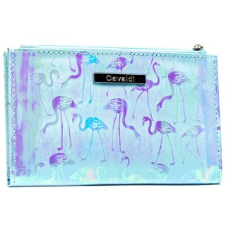 Duży portfel damski wykonany ze skóry ekologicznej w błękitnym kolorze ze wzorem we flamingi - 4U Cavaldi
