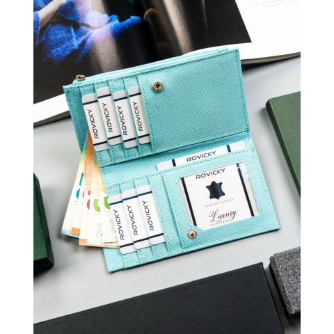 Duży portfel damski wykonany ze skóry ekologicznej w błękitnym kolorze ze wzorem we flamingi - 4U Cavaldi