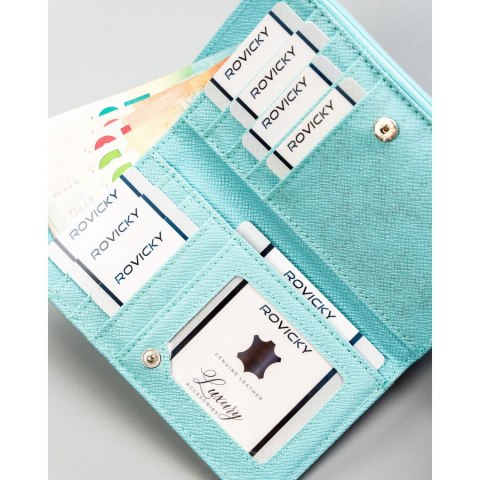 Duży portfel damski wykonany ze skóry ekologicznej w błękitnym kolorze ze wzorem we flamingi - 4U Cavaldi