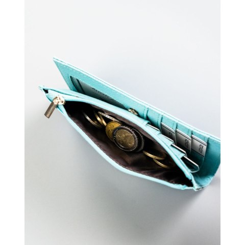 Duży portfel damski wykonany ze skóry ekologicznej w błękitnym kolorze ze wzorem we flamingi - 4U Cavaldi