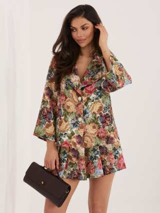 Zielona marynarka damska w kwiaty z rękawem 3/4 – Italy Moda