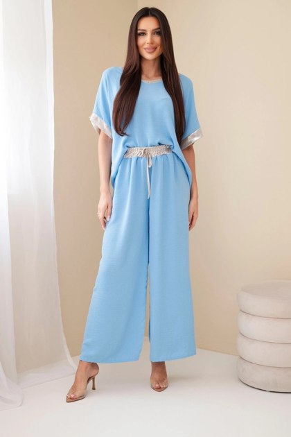 Niebieski komplet damski z wiskozy ze złotym obszyciem Made in Italy