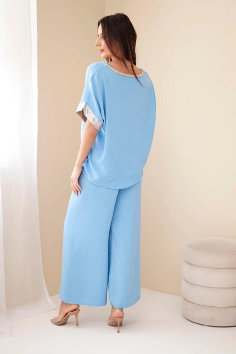 Niebieski komplet damski z wiskozy ze złotym obszyciem Made in Italy