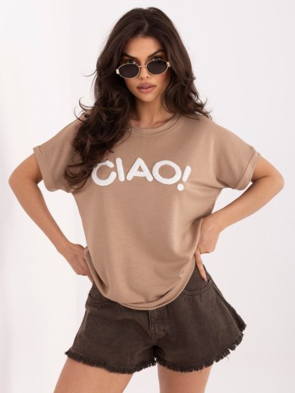 Bluzka damska beżowa Ciao RUE PARIS t-shirt casual z napisem miękka wiskoza