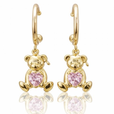 Kolczyki ze stali szlachetnej platerowane 14k złotem Miś z różowym sercem KST3157