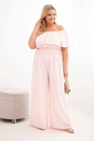Kombinezon damski wiskozowy Plus Size hiszpanka z falbaną i szeroką nogawką pudrowy róż