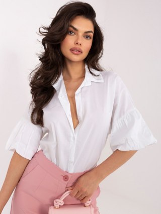 Biała bawełniana koszula damska z falbankami przy rękawach 3/4 – Italy Moda