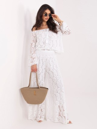 Białe koronkowe spodnie palazzo boho z szeroką nogawką – Italy Moda