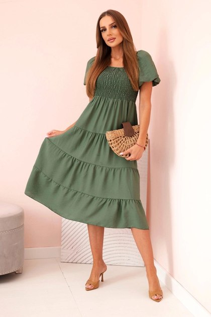 Sukienka damska khaki wiskozowa midi z bufiastymi rękawami Made in Italy