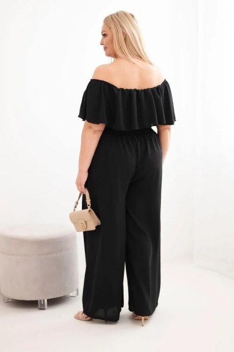 Kombinezon damski wiskozowy Plus Size hiszpanka z falbaną i szeroką nogawką czarny