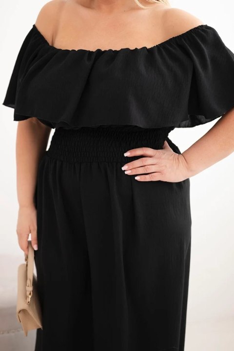 Kombinezon damski wiskozowy Plus Size hiszpanka z falbaną i szeroką nogawką czarny