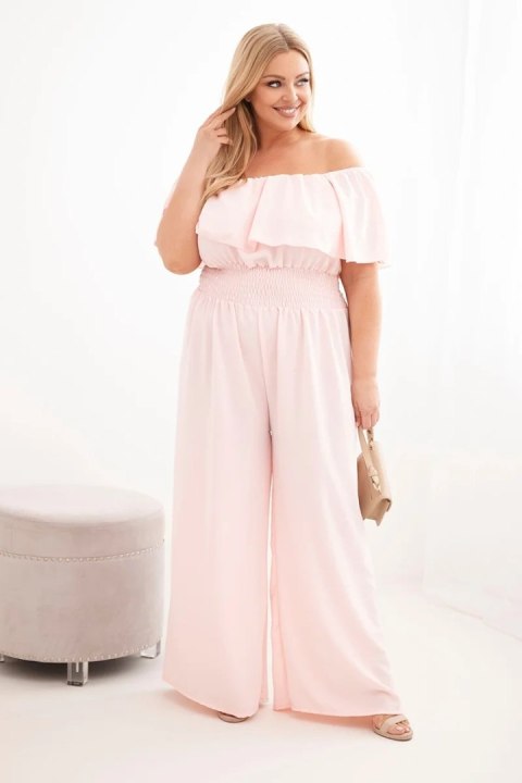Kombinezon damski wiskozowy Plus Size hiszpanka z falbaną i szeroką nogawką pudrowy róż