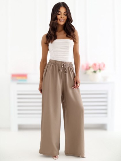 Ciemnobeżowe spodnie damskie wide leg z wysokim stanem i wiązaniem