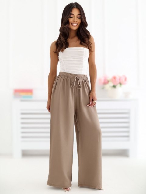 ciemnobeżowe spodnie damskie wide leg wysoki stan