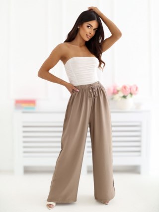 Ciemnobeżowe spodnie damskie wide leg z wysokim stanem i wiązaniem