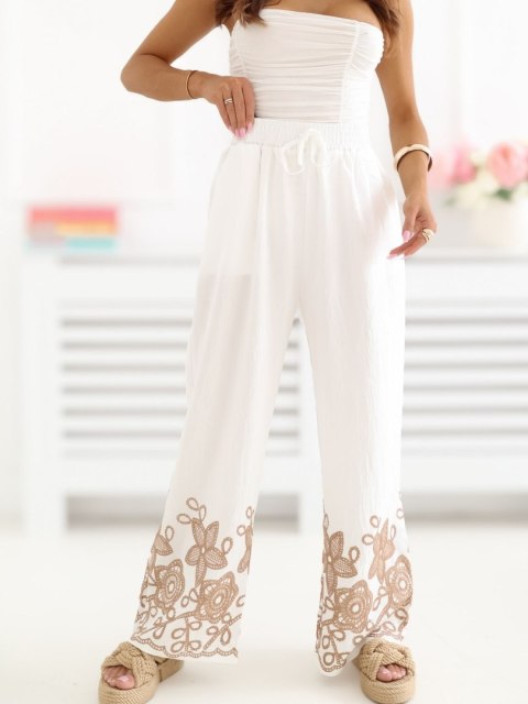 eleganckie spodnie damskie ecru z szerokimi nogawkami i haftem