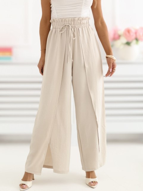 spodnie damskie beżowe wide leg z wysokim stanem i wiązaniem