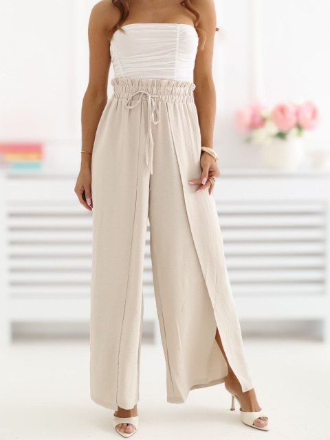 spodnie damskie beżowe z marszczoną talią i rozcięciem na nogawce