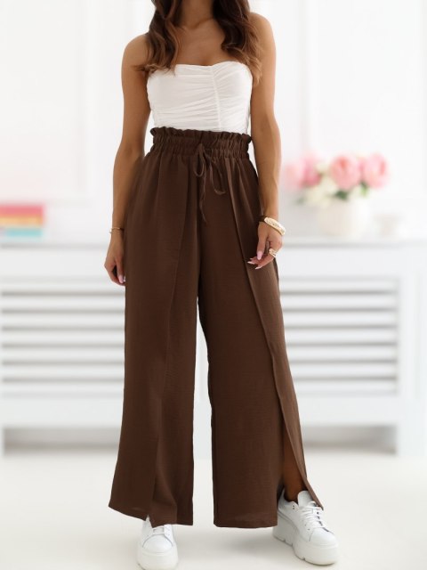 ciemnobrązowe spodnie damskie wide leg z rozcięciem