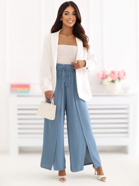 eleganckie spodnie damskie niebieskie z wiązaną talią