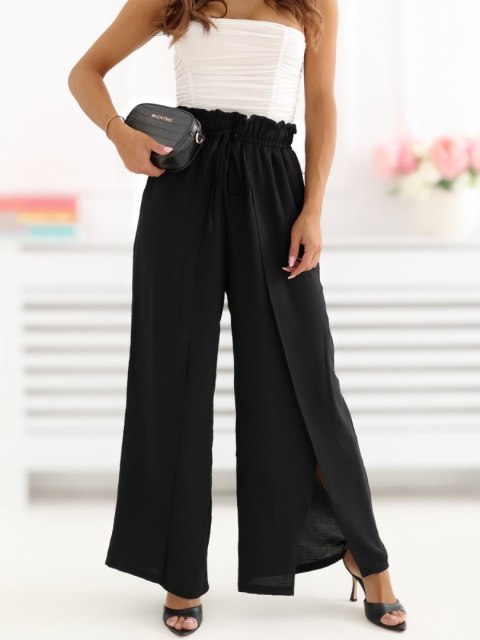 czarne spodnie damskie wide leg z rozcięciem letnie