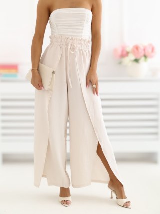 Jasnobeżowe spodnie damskie wide leg paperbag z rozcięciem