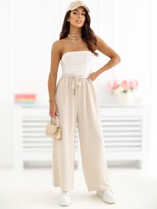 Beżowe spodnie damskie wide leg 7/8 z wysokim stanem i paskiem