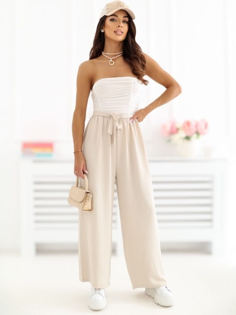 beżowe spodnie damskie 7/8 wide leg z paskiem