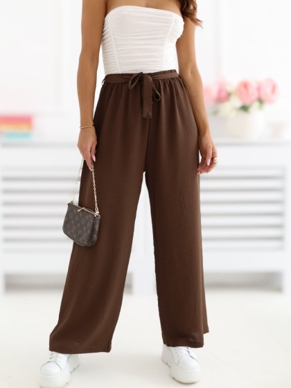 Ciemnobrązowe spodnie damskie wide leg 7/8 z wysokim stanem i wiązaniem