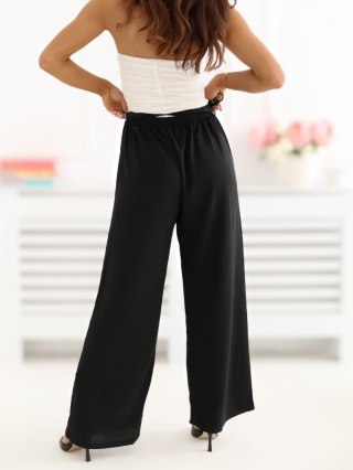 Czarne spodnie damskie wide leg 7/8 z wysokim stanem i paskiem