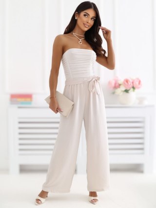 Jasnobeżowe spodnie damskie wide leg 7/8 z wysokim stanem i paskiem