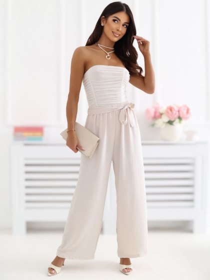 Jasnobeżowe spodnie damskie wide leg 7/8 z wysokim stanem i paskiem