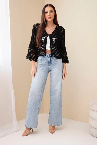 Sweter damski ażurowy czarny bawełniany lekki boho na lato z długim rękawem