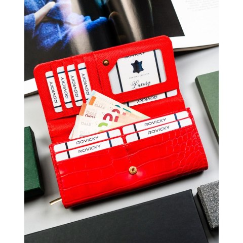 Czerwony duży portfel damski ze skóry ekologicznej, tłoczony wzór - 4U CAVALDI