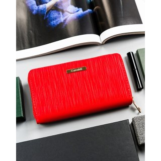 Duży czerwony portfel damski ze skóry ekologicznej poziomy na zatrzask i suwak - 4U CAVALDI