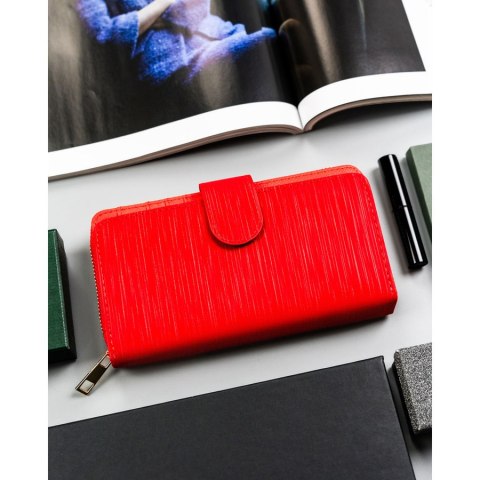 Duży czerwony portfel damski ze skóry ekologicznej poziomy na zatrzask i suwak - 4U CAVALDI