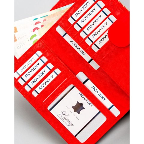 Duży czerwony portfel damski ze skóry ekologicznej poziomy na zatrzask i suwak - 4U CAVALDI