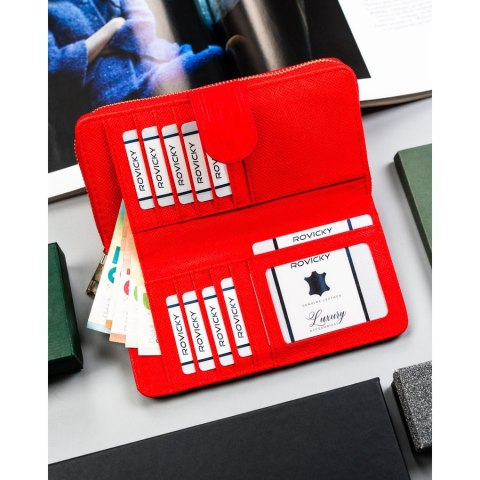 Duży czerwony portfel damski ze skóry ekologicznej poziomy na zatrzask i suwak - 4U CAVALDI