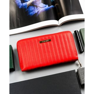 Duży pikowany portfel damski na karty wykonany ze skóry ekologicznej poziomy na zatrzask i suwak - 4U CAVALDI