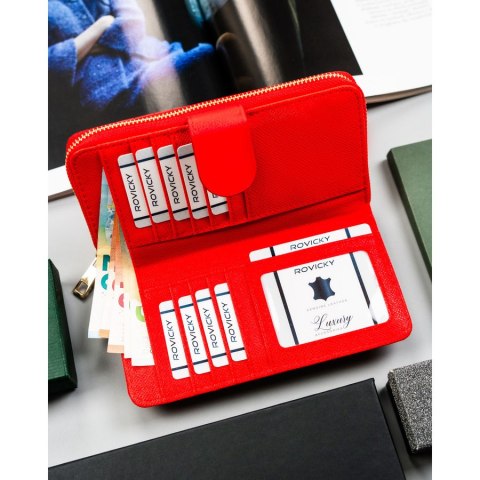 Duży pikowany portfel damski na karty wykonany ze skóry ekologicznej poziomy na zatrzask i suwak - 4U CAVALDI