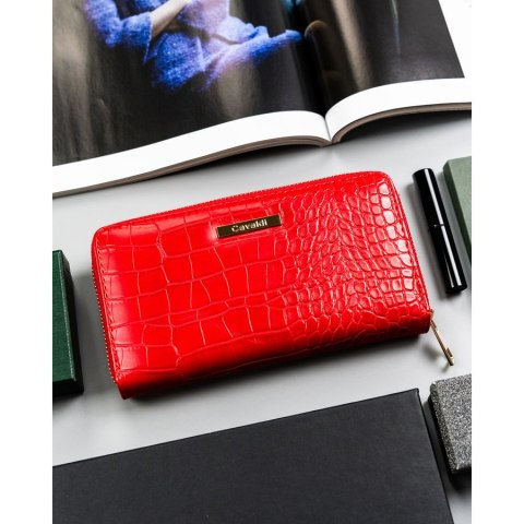 Duży portfel damski na karty odszyty ze skóry ekologicznej tłoczonej czerwony na zatrzask i suwak - 4u CAVALDI