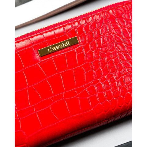 Duży portfel damski na karty odszyty ze skóry ekologicznej tłoczonej czerwony na zatrzask i suwak - 4u CAVALDI