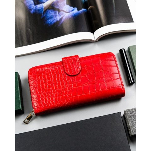 Duży portfel damski na karty odszyty ze skóry ekologicznej tłoczonej czerwony na zatrzask i suwak - 4u CAVALDI