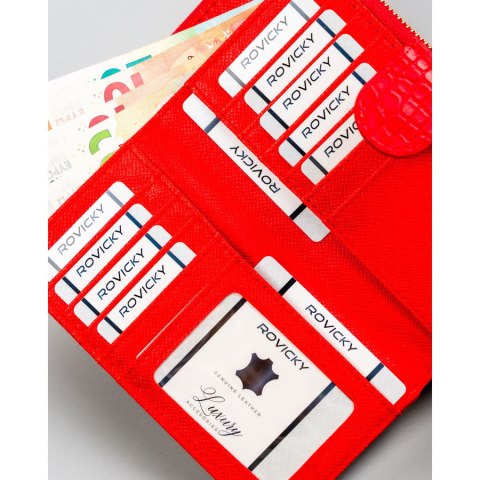 Duży portfel damski na karty odszyty ze skóry ekologicznej tłoczonej czerwony na zatrzask i suwak - 4u CAVALDI