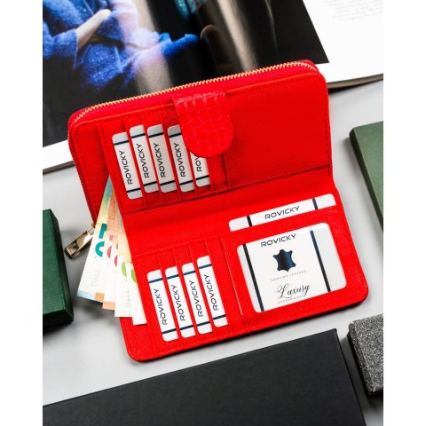 Duży portfel damski na karty odszyty ze skóry ekologicznej tłoczonej czerwony na zatrzask i suwak - 4u CAVALDI
