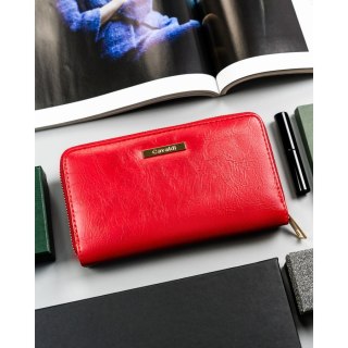 Portfel damski na karty duży czerwone ze skóry ekologicznej poziomy na zatrzask i suwak - 4U CAVALDI