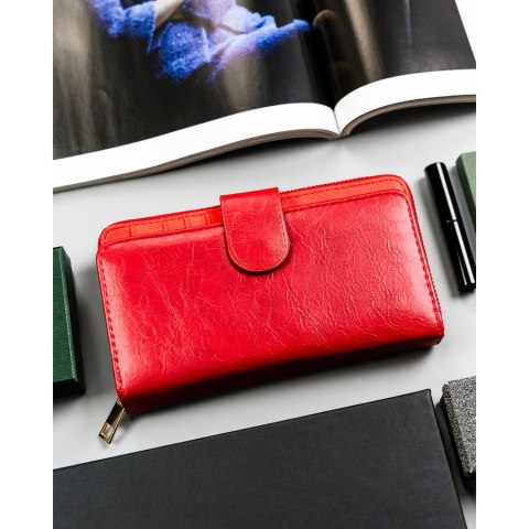 Portfel damski na karty duży czerwone ze skóry ekologicznej poziomy na zatrzask i suwak - 4U CAVALDI