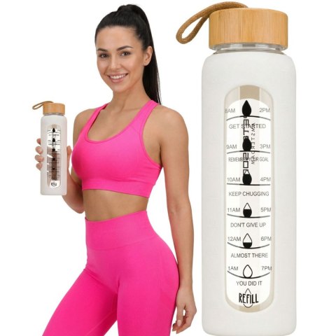 Butelka na wodę 960ml szklana z silikonową osłoną beżowa z miarką motywacyjną - Peterson